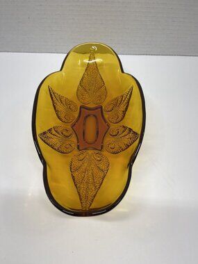 Vintage Indiana glass deep amber stippled leaf relish dish Collectible Glassware